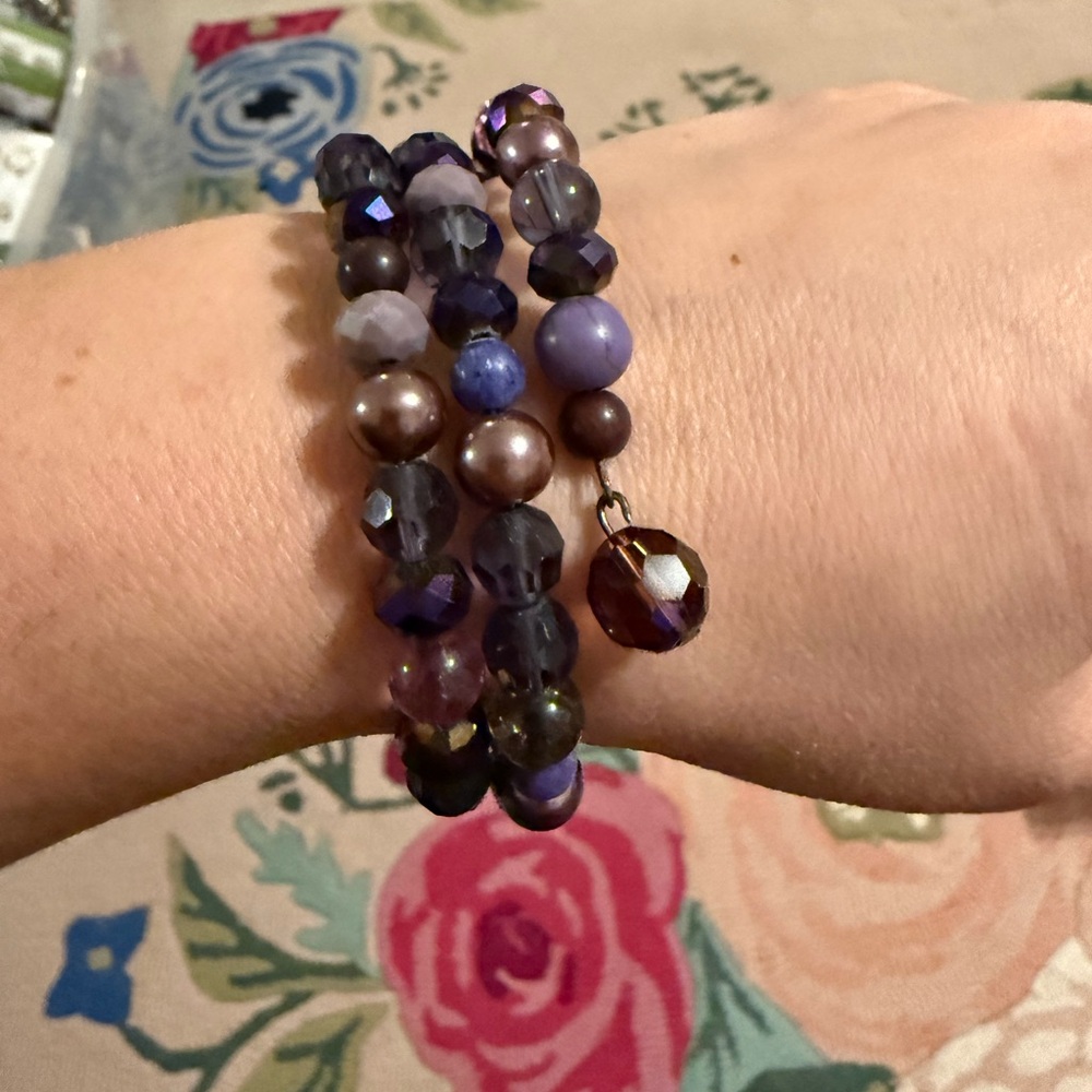 Purple Beaded Wrap Bracelet Multi Strand Coil Faux Pearl‎ Glass Crystal Charm